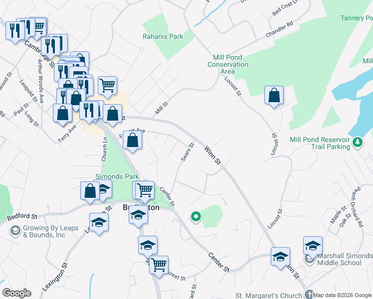 map of restaurants, bars, coffee shops, grocery stores, and more near 5 Sears Street in Burlington