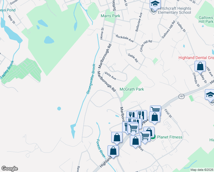 map of restaurants, bars, coffee shops, grocery stores, and more near 85 Marlborough Road in Salem