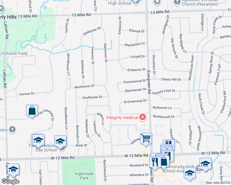 map of restaurants, bars, coffee shops, grocery stores, and more near 20368 Forestwood Street in Southfield