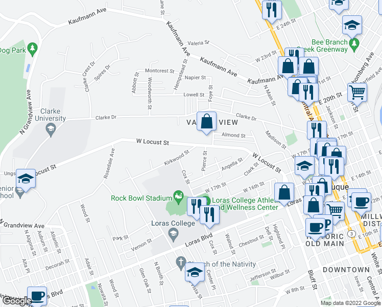 map of restaurants, bars, coffee shops, grocery stores, and more near 740 Kirkwood Street in Dubuque