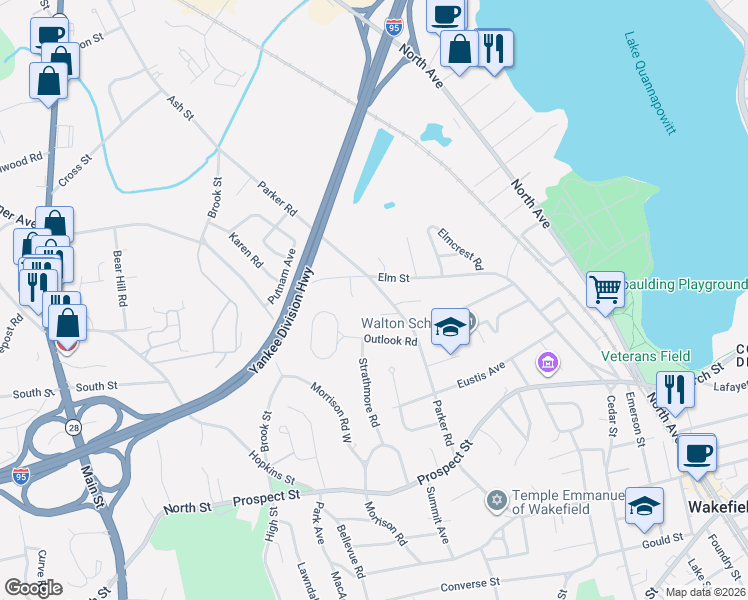 map of restaurants, bars, coffee shops, grocery stores, and more near 82 Parker Road in Wakefield