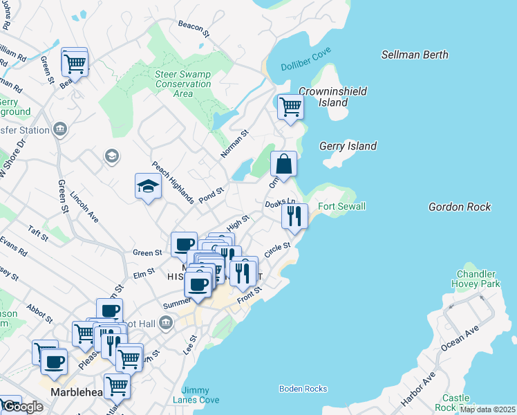 map of restaurants, bars, coffee shops, grocery stores, and more near 10 Orne Street in Marblehead