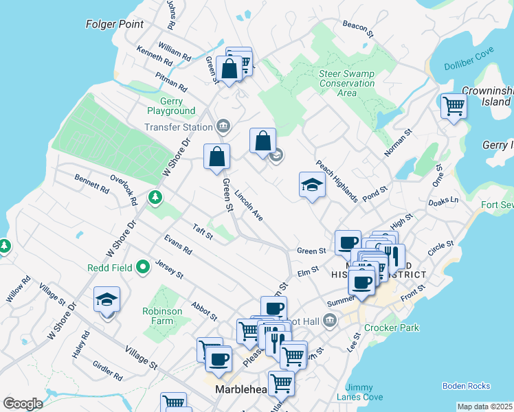 map of restaurants, bars, coffee shops, grocery stores, and more near 29 Lincoln Avenue in Marblehead