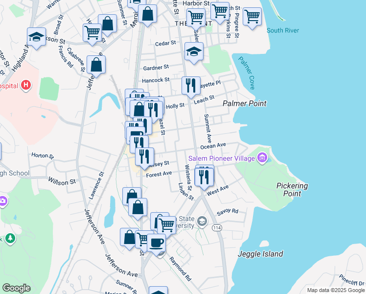 map of restaurants, bars, coffee shops, grocery stores, and more near 29 Linden Street in Salem