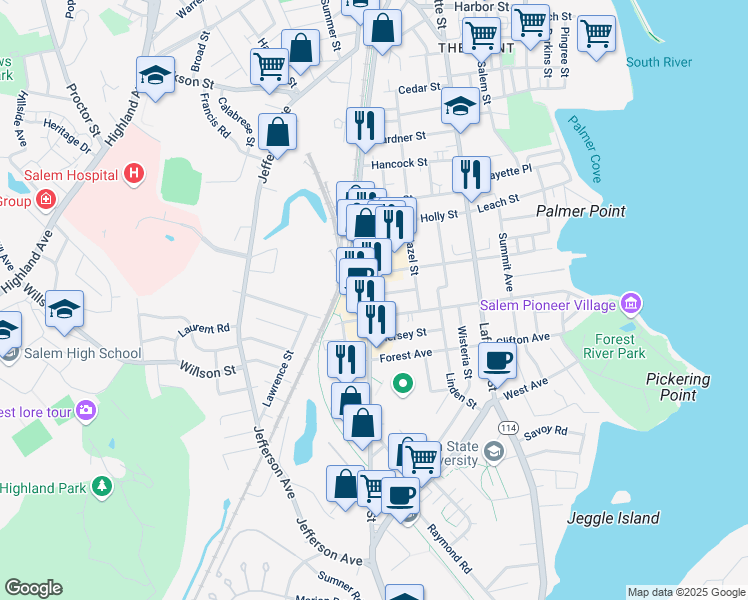 map of restaurants, bars, coffee shops, grocery stores, and more near 141 Canal Street in Salem
