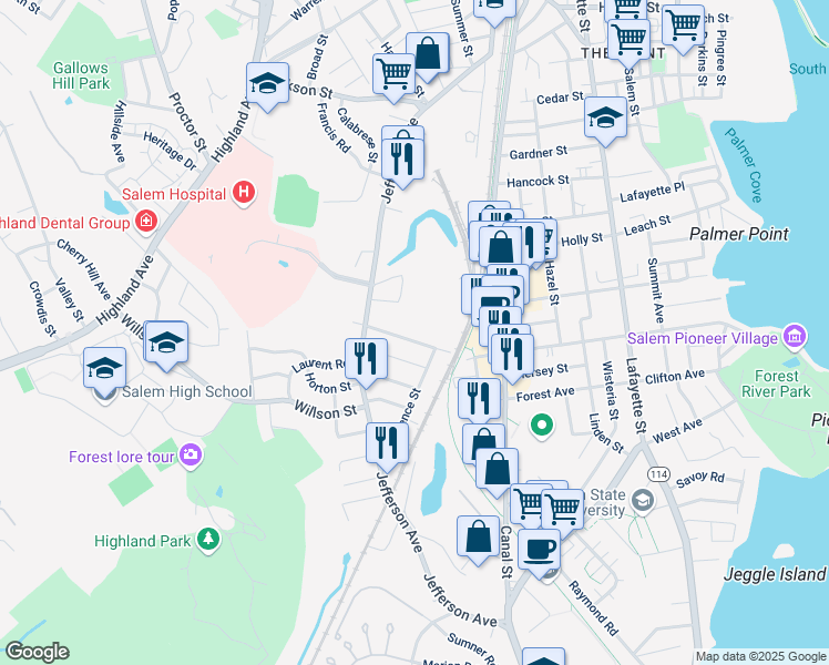 map of restaurants, bars, coffee shops, grocery stores, and more near 166A Ocean Avenue in Salem