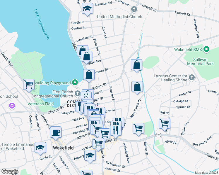 map of restaurants, bars, coffee shops, grocery stores, and more near 59 Pleasant Street in Wakefield