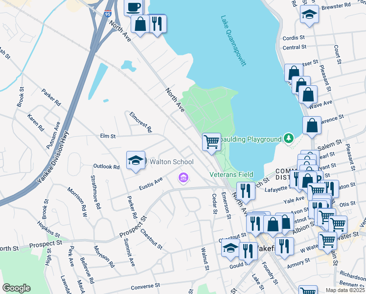 map of restaurants, bars, coffee shops, grocery stores, and more near 12 Elm Square in Wakefield