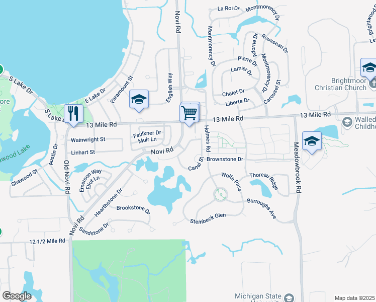 map of restaurants, bars, coffee shops, grocery stores, and more near 42359 Hathaway Lane in Novi