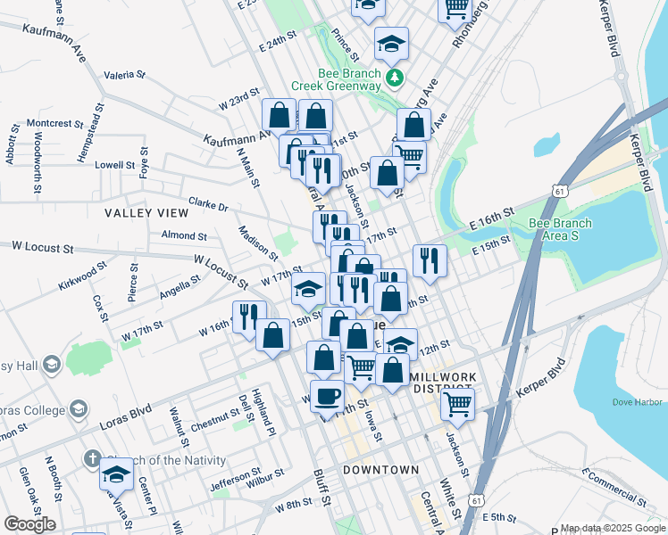 map of restaurants, bars, coffee shops, grocery stores, and more near 1685 Central Avenue in Dubuque