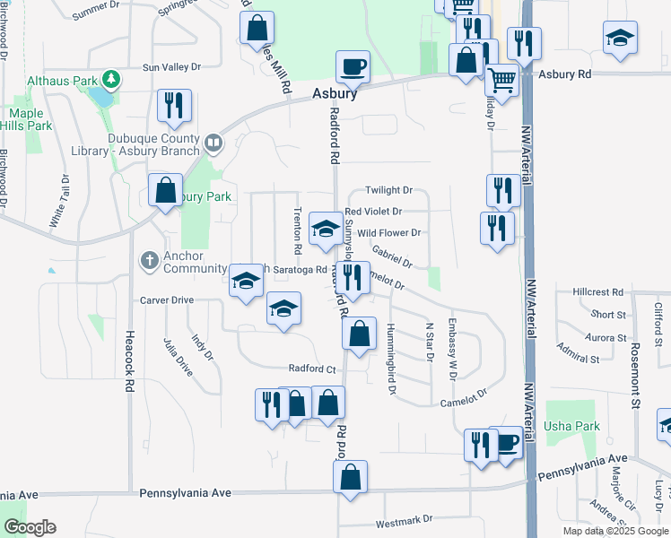 map of restaurants, bars, coffee shops, grocery stores, and more near 2100-2198 Radford Rd in Asbury