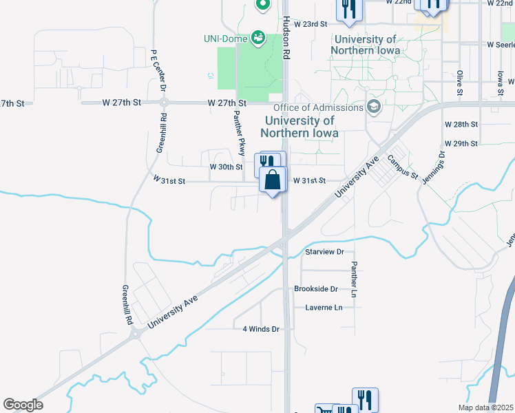 map of restaurants, bars, coffee shops, grocery stores, and more near 3210 Spring Valley Lane in Cedar Falls