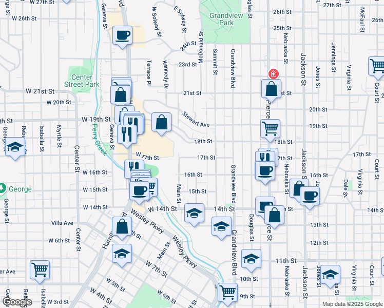 map of restaurants, bars, coffee shops, grocery stores, and more near 1-149 17th St in Sioux City