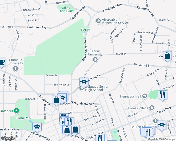 map of restaurants, bars, coffee shops, grocery stores, and more near 1700 Clarke Drive in Dubuque
