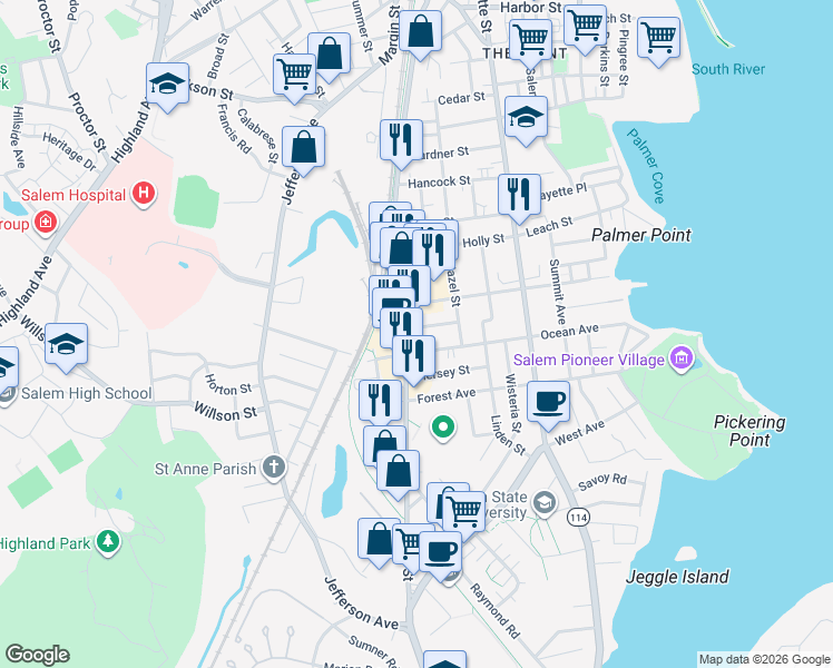 map of restaurants, bars, coffee shops, grocery stores, and more near 141 Canal Street in Salem
