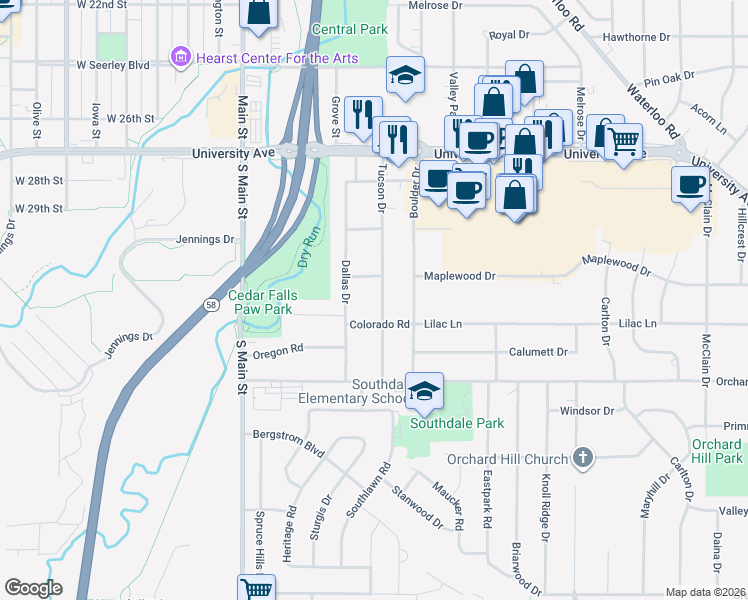 map of restaurants, bars, coffee shops, grocery stores, and more near 3305 Tucson Drive in Cedar Falls