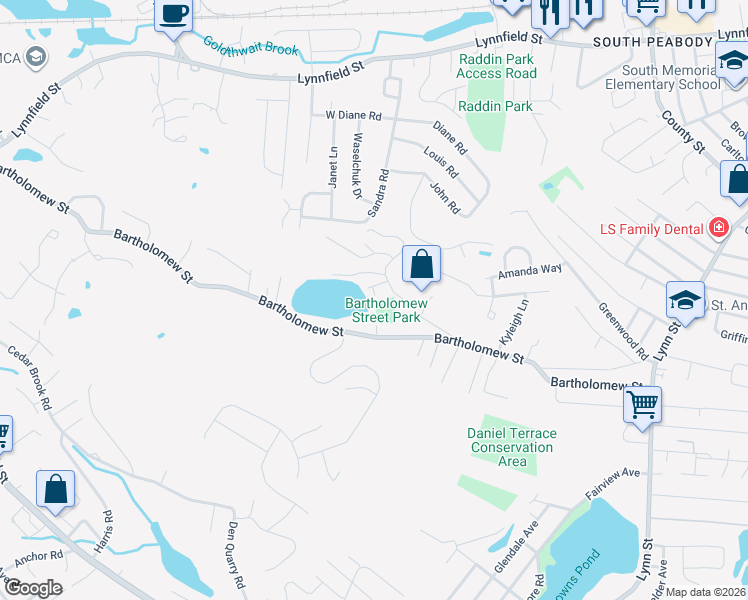 map of restaurants, bars, coffee shops, grocery stores, and more near 21 Oak Avenue in Peabody