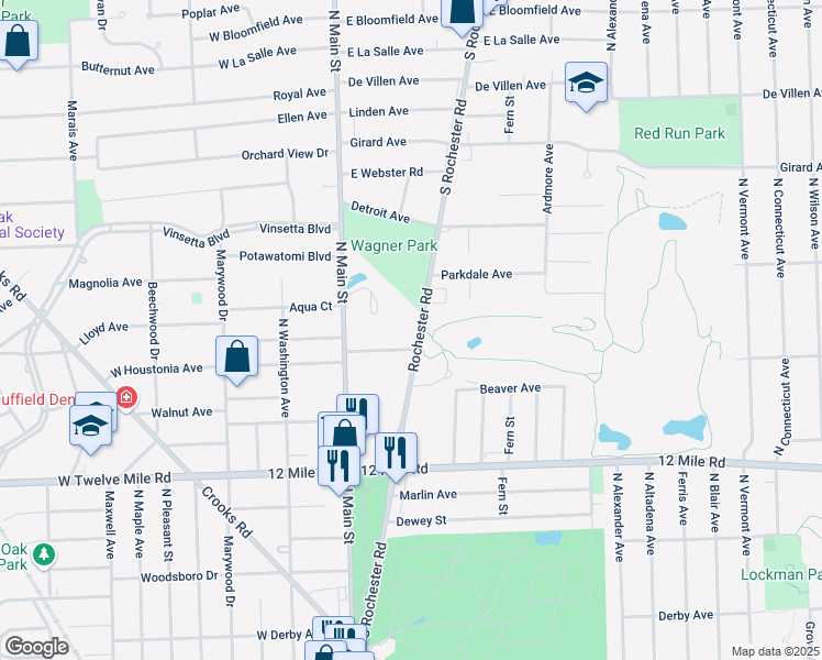 map of restaurants, bars, coffee shops, grocery stores, and more near 2203 Rochester Road in Royal Oak