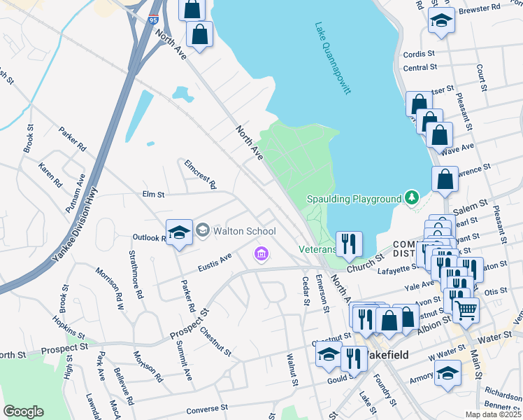 map of restaurants, bars, coffee shops, grocery stores, and more near 12 Elm Square in Wakefield