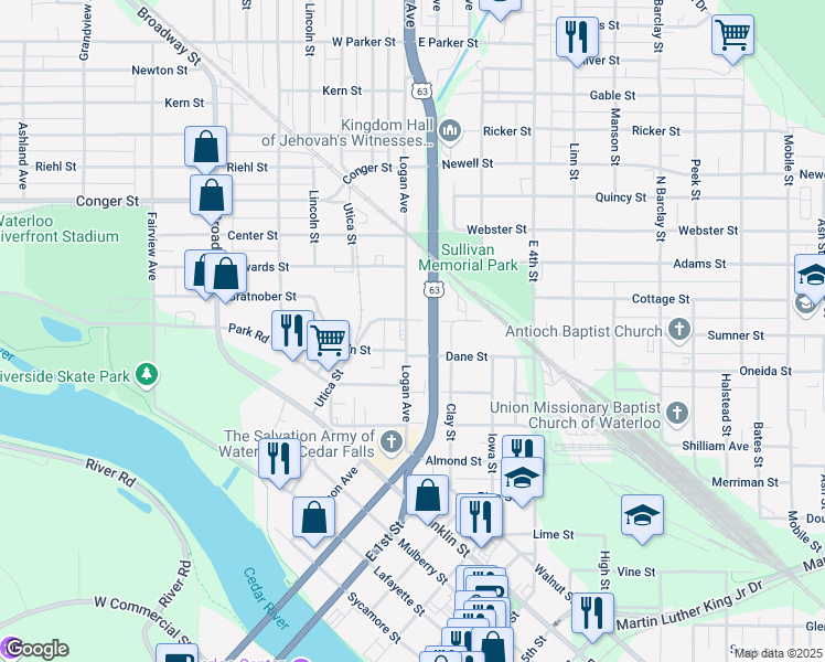 map of restaurants, bars, coffee shops, grocery stores, and more near 522 Logan Avenue in Waterloo