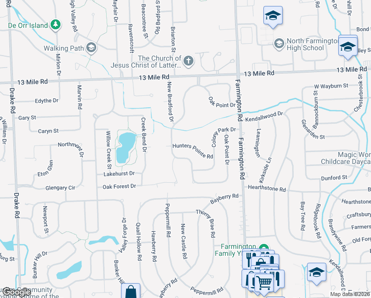 map of restaurants, bars, coffee shops, grocery stores, and more near 33833 Hunters Pointe Road in Farmington Hills
