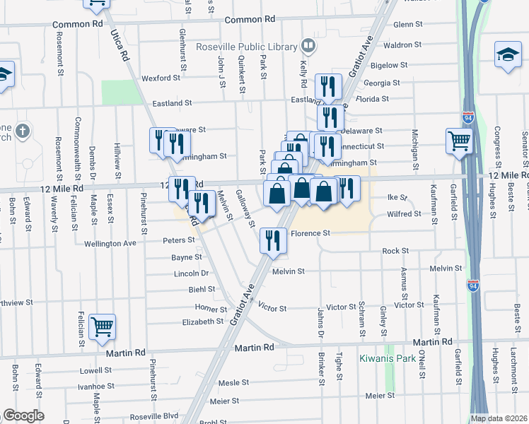 map of restaurants, bars, coffee shops, grocery stores, and more near 18456 Tranquil Street in Roseville