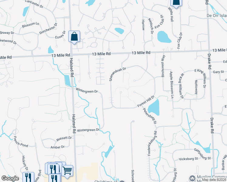 map of restaurants, bars, coffee shops, grocery stores, and more near 29144 Shenandoah Drive in Farmington Hills