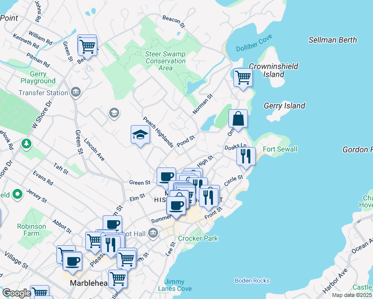 map of restaurants, bars, coffee shops, grocery stores, and more near 25 Russell Street in Marblehead