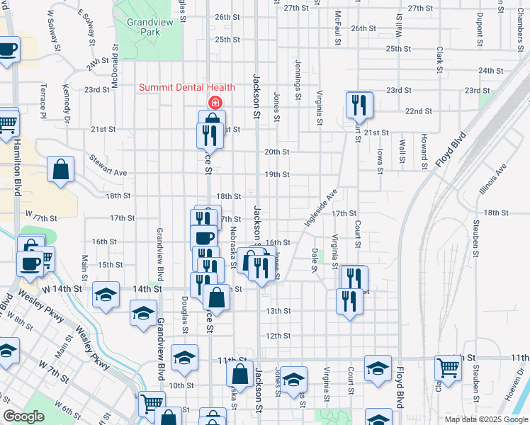 map of restaurants, bars, coffee shops, grocery stores, and more near 1704 Jackson Street in Sioux City