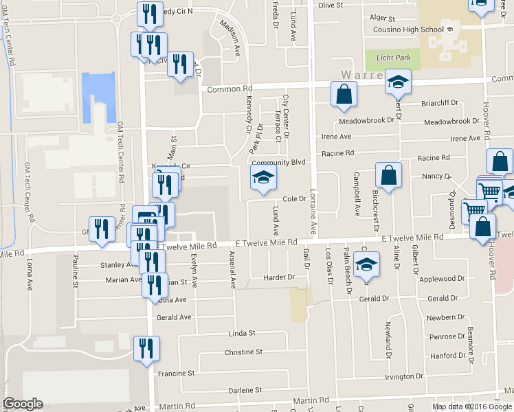 map of restaurants, bars, coffee shops, grocery stores, and more near 29250 Longview Ave in Warren
