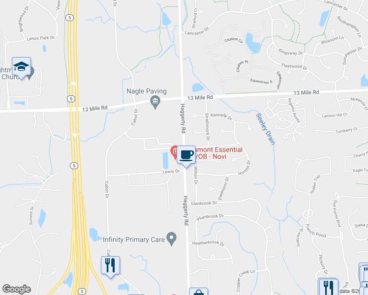 map of restaurants, bars, coffee shops, grocery stores, and more near Geneva in Oakland County