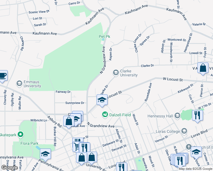 map of restaurants, bars, coffee shops, grocery stores, and more near 1700 Clarke Drive in Dubuque