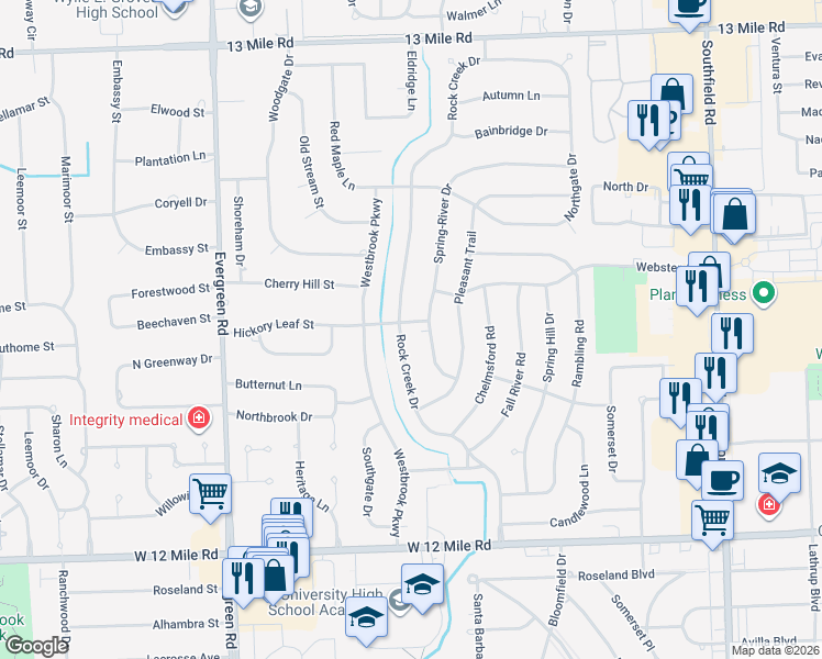 map of restaurants, bars, coffee shops, grocery stores, and more near 19191 Hickory Leaf Street in Southfield