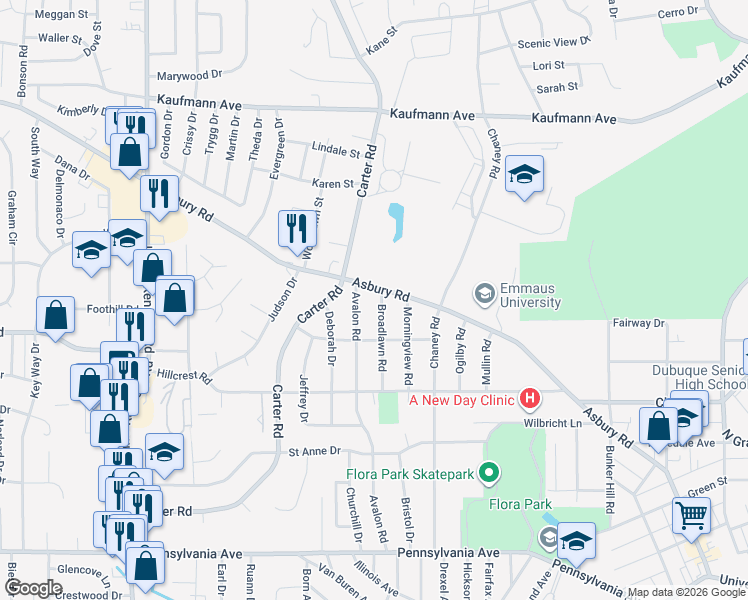 map of restaurants, bars, coffee shops, grocery stores, and more near 2191 Broadlawn Rd in Dubuque