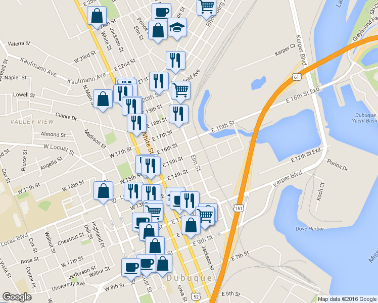 map of restaurants, bars, coffee shops, grocery stores, and more near 1515 Elm Street in Dubuque