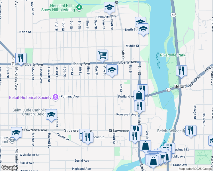 map of restaurants, bars, coffee shops, grocery stores, and more near 941 Vine Street in Beloit