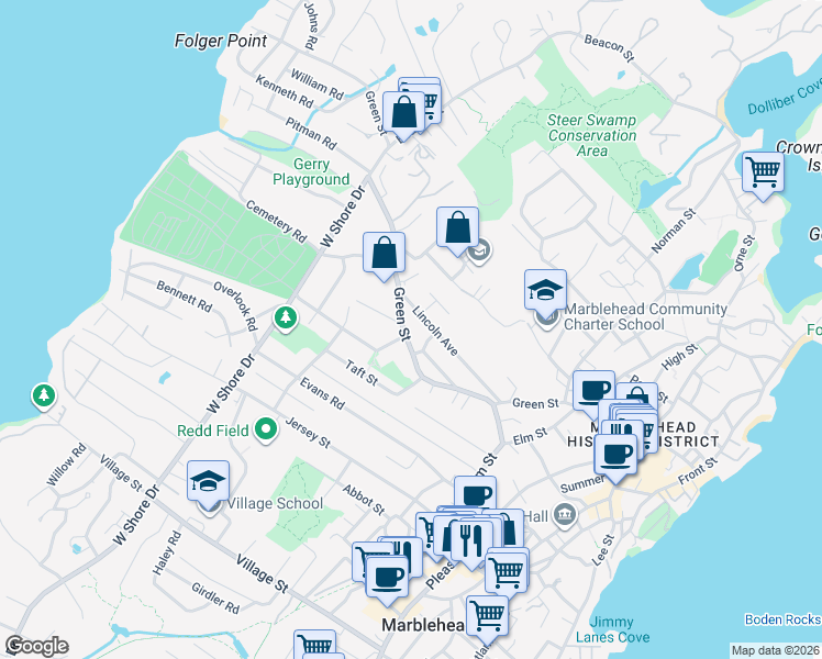 map of restaurants, bars, coffee shops, grocery stores, and more near 83 Green St in Marblehead