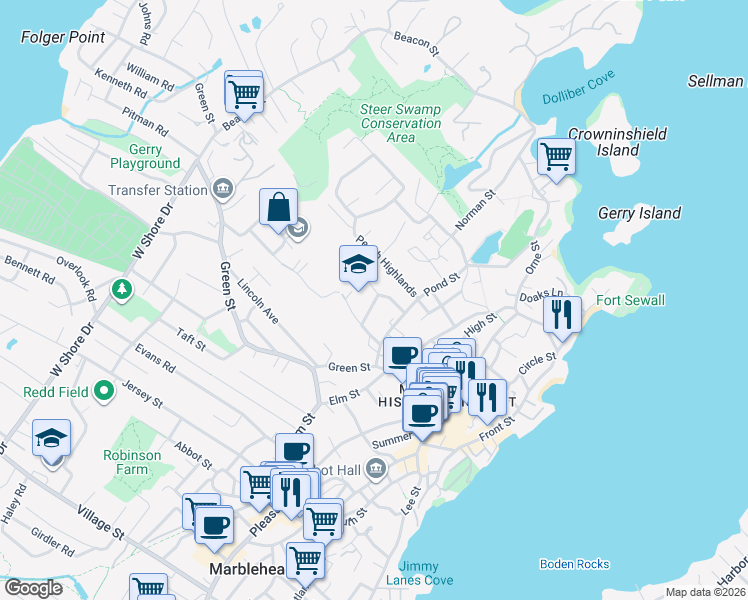 map of restaurants, bars, coffee shops, grocery stores, and more near 108 Farrell Court in Marblehead