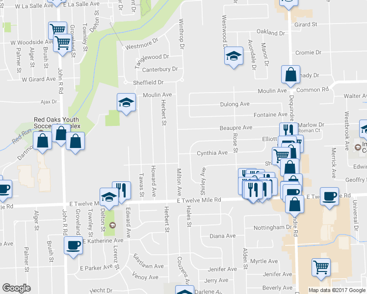 map of restaurants, bars, coffee shops, grocery stores, and more near 29374 Milton Avenue in Madison Heights