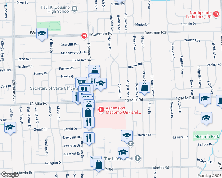 map of restaurants, bars, coffee shops, grocery stores, and more near 11904 Geoffry Drive in Warren