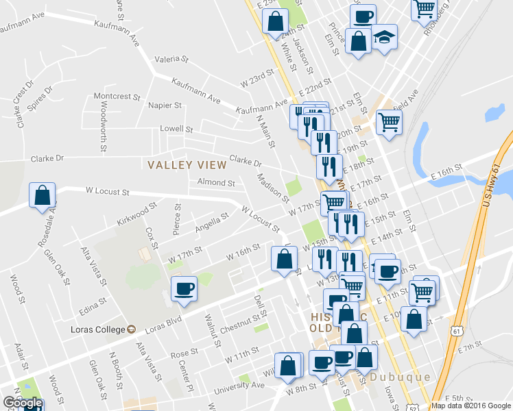 map of restaurants, bars, coffee shops, grocery stores, and more near 1836 Ellis Street in Dubuque