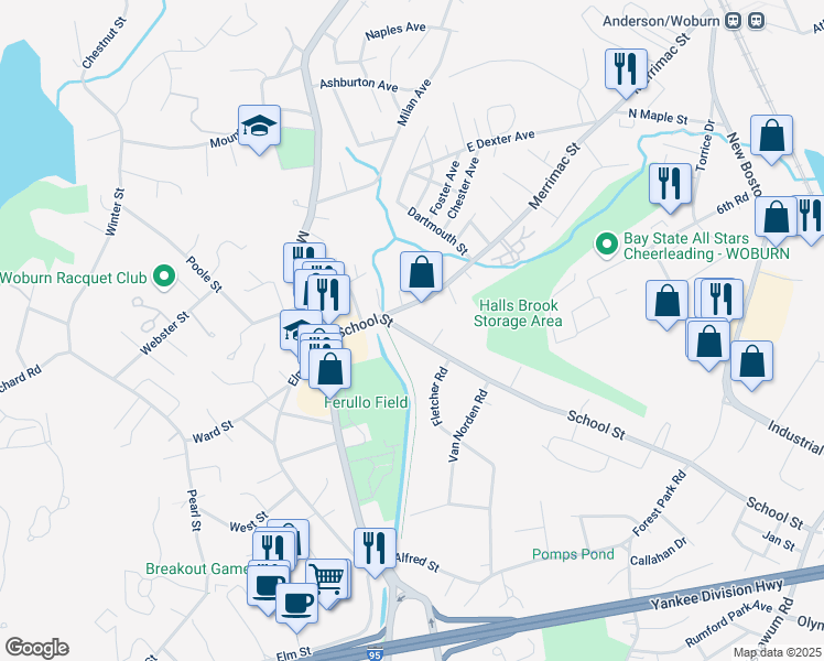 map of restaurants, bars, coffee shops, grocery stores, and more near 36 School Street in Woburn