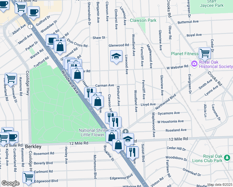 map of restaurants, bars, coffee shops, grocery stores, and more near 2307 Elmhurst Avenue in Royal Oak