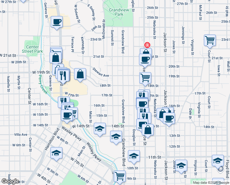 map of restaurants, bars, coffee shops, grocery stores, and more near 1702 Summit Street in Sioux City