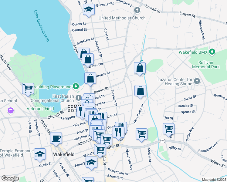 map of restaurants, bars, coffee shops, grocery stores, and more near 56 Pleasant Street in Wakefield