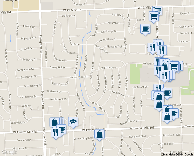 map of restaurants, bars, coffee shops, grocery stores, and more near 29919 Pleasant Trail in Southfield