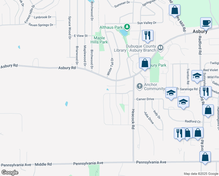 map of restaurants, bars, coffee shops, grocery stores, and more near 5665 Jodi Court in Asbury