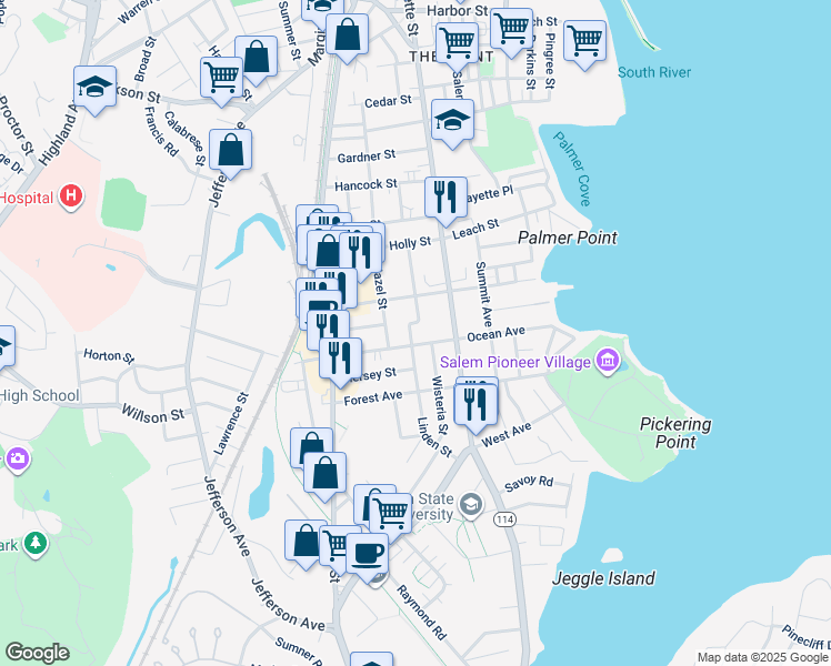 map of restaurants, bars, coffee shops, grocery stores, and more near 29 Linden Street in Salem