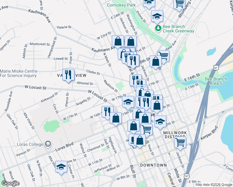map of restaurants, bars, coffee shops, grocery stores, and more near 1745 Madison Street in Dubuque