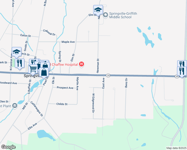map of restaurants, bars, coffee shops, grocery stores, and more near 282 East Main Street in Springville